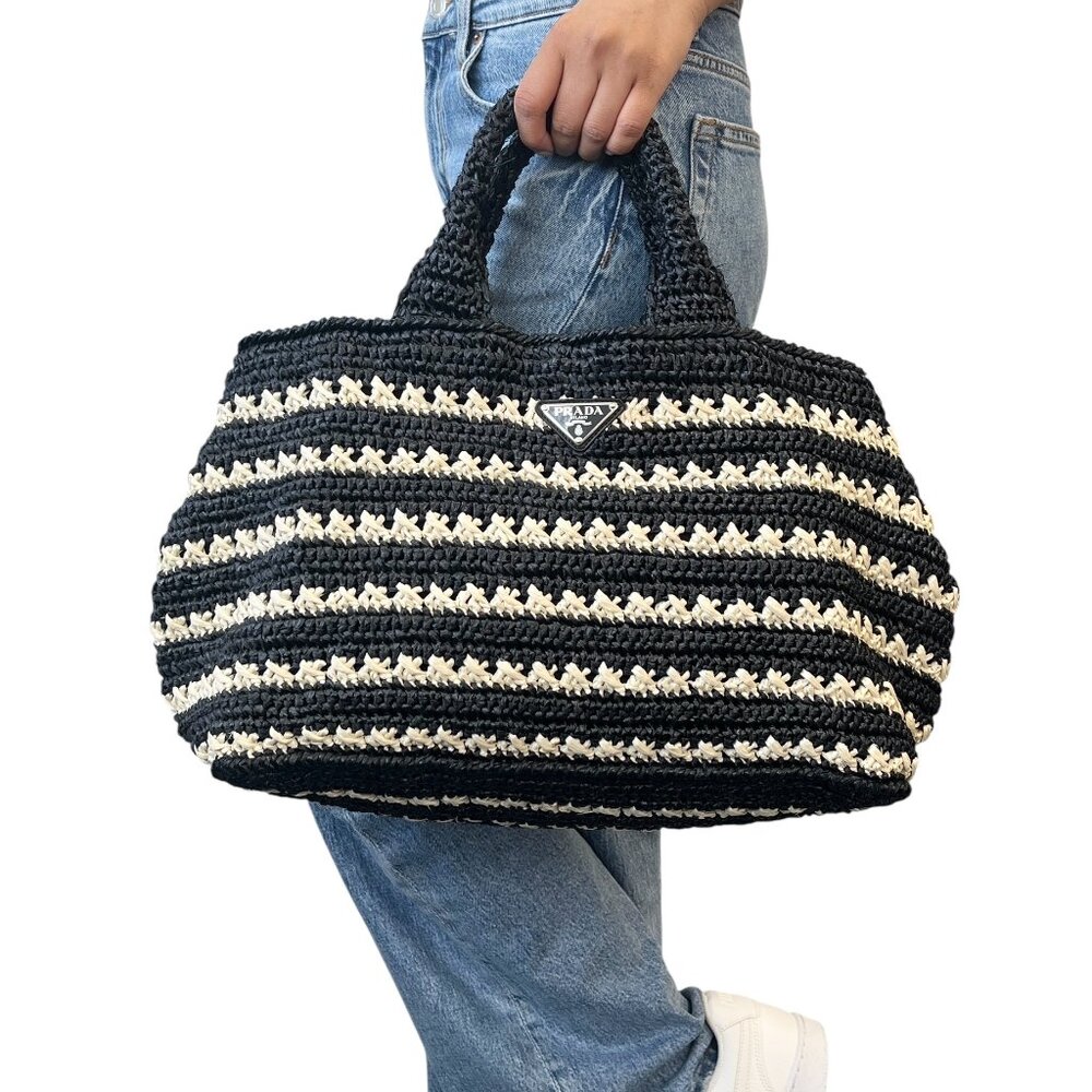 PRADA Vintage Triangle Logo Canapa Tote Bag Handbag Black Beige Raffia [106401] - Picture 2 of 15